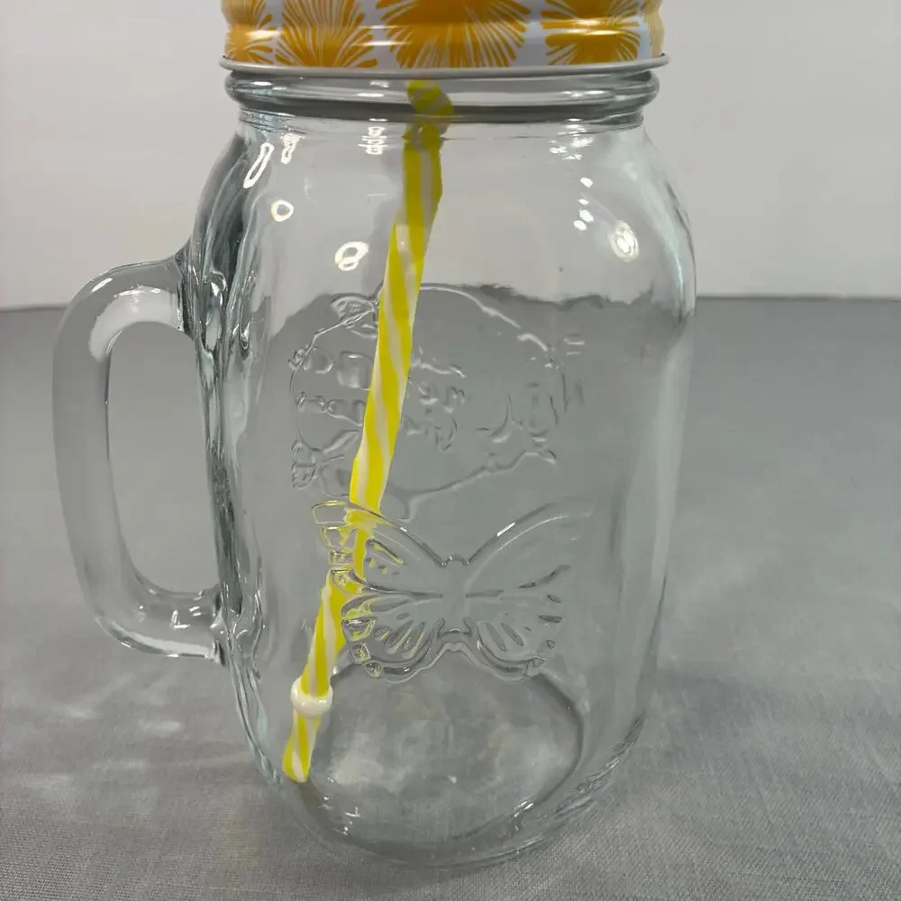 Vintage Simple Homemade Goodness Butterfly Mason Jar Glass Tumbler with Straw